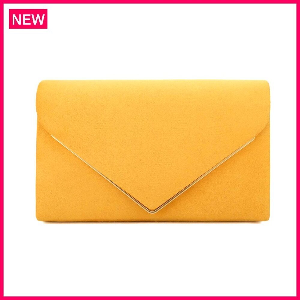 Faux Suede Clutch with Metal Binding, Detachable Chain Strap, Evening Purse